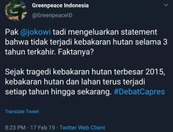 Greenpeace Indonesia Bantah Pernyataan Debat Jokowi soal Kebakaran Hutan