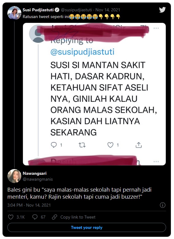 Tawa Susi Tanggapi Twit Berbunyi Kadrun