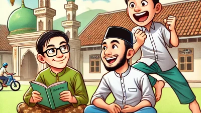 Karikatur santri di pesantren, satu santri sedang membaca buku dan lainnya mencari sandal hilang di halaman pesantren dengan latar masjid.