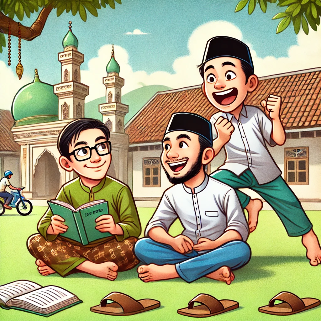 Karikatur santri di pesantren, satu santri sedang membaca buku dan lainnya mencari sandal hilang di halaman pesantren dengan latar masjid.