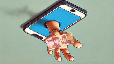 Gambar karikatur tangan dengan telapak terbuka keluar dari layar smartphone biru, menggambarkan fenomena pengemis online di media sosial.