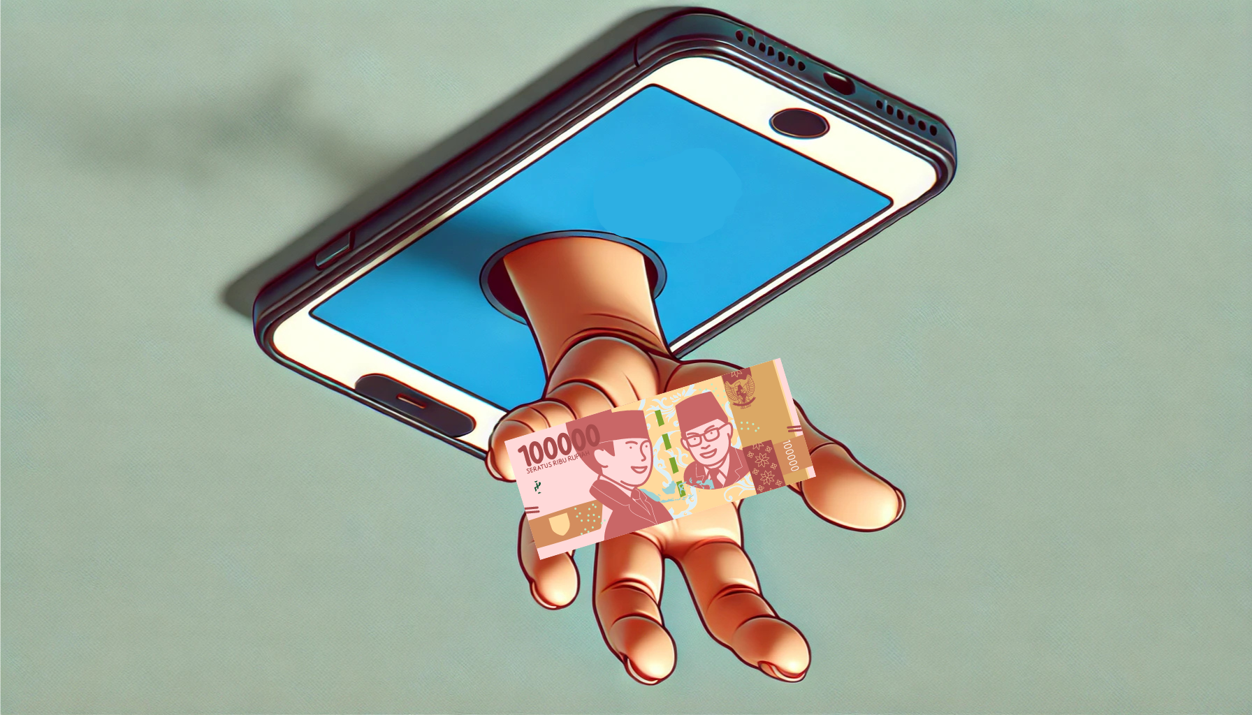 Gambar karikatur tangan dengan telapak terbuka keluar dari layar smartphone biru, menggambarkan fenomena pengemis online di media sosial.