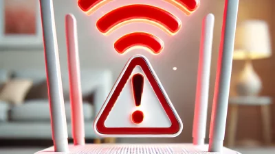 Router Wi-Fi dengan tanda peringatan merah, menyoroti risiko penggunaan RT-RW Net ilegal dalam jaringan internet rumah.