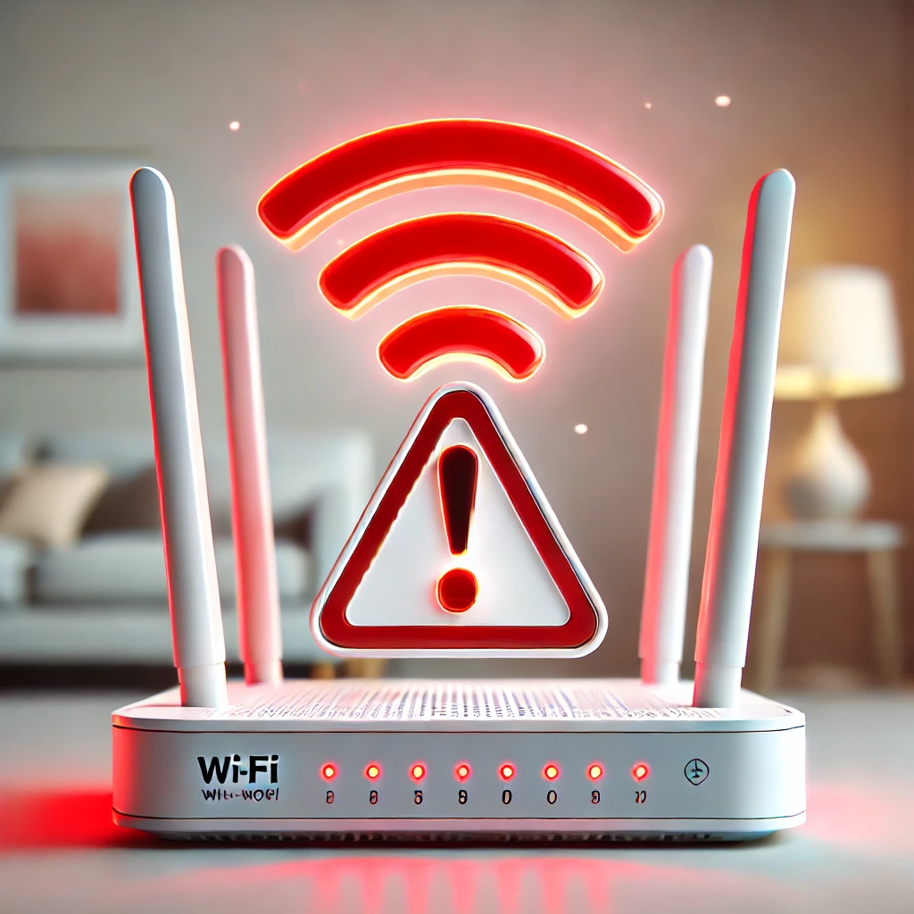 Router Wi-Fi dengan tanda peringatan merah, menyoroti risiko penggunaan RT-RW Net ilegal dalam jaringan internet rumah.